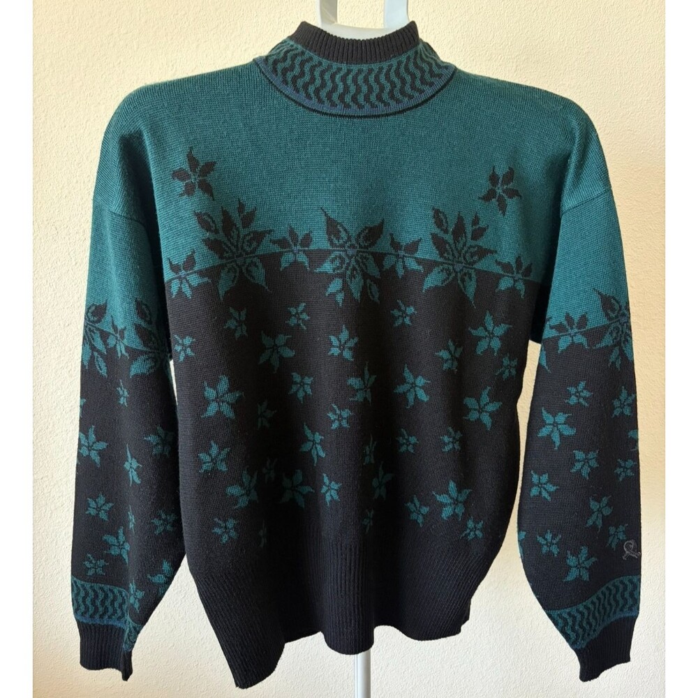 VTG Demetre Sweater M Floral Black Green Zigzag Collar Acrylic Wool‎ Hong Kong